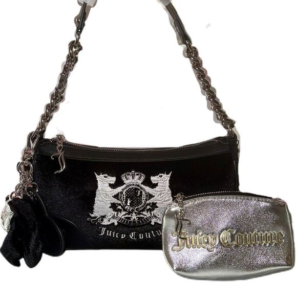 Juicy Couture Black Velour Hollyhock Chain Link Strap Shoulder Bag w/ Mini Pouch - Picture 15 of 16